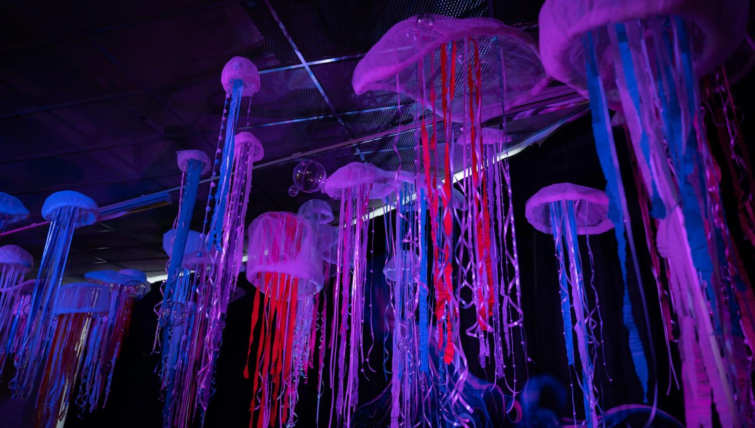 Jellyfish hanging from the ceiling in the exhibition Deep Dive. Photo.