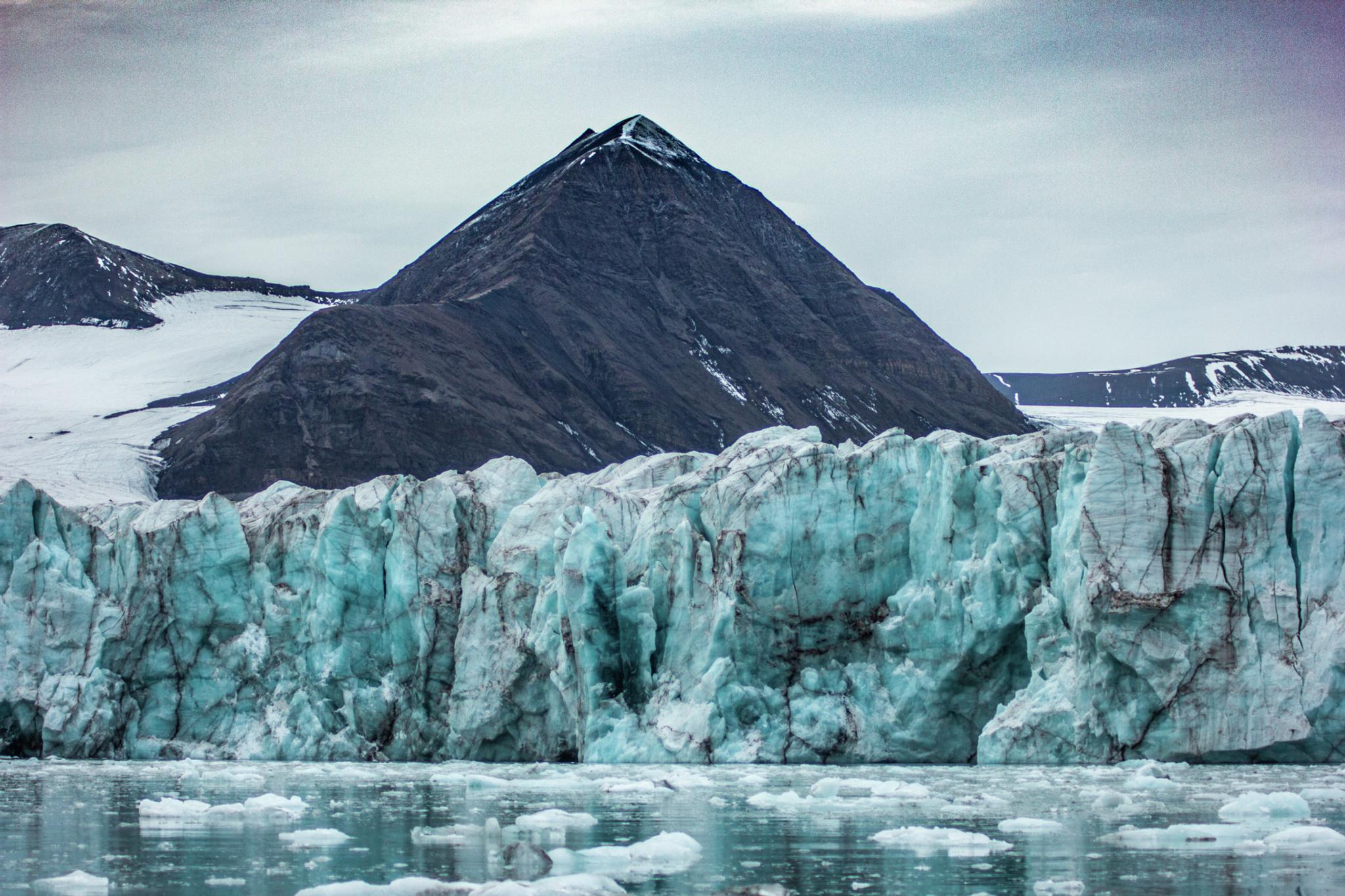 Floating ice in a fjord with glacial walls rising up towards the mountains