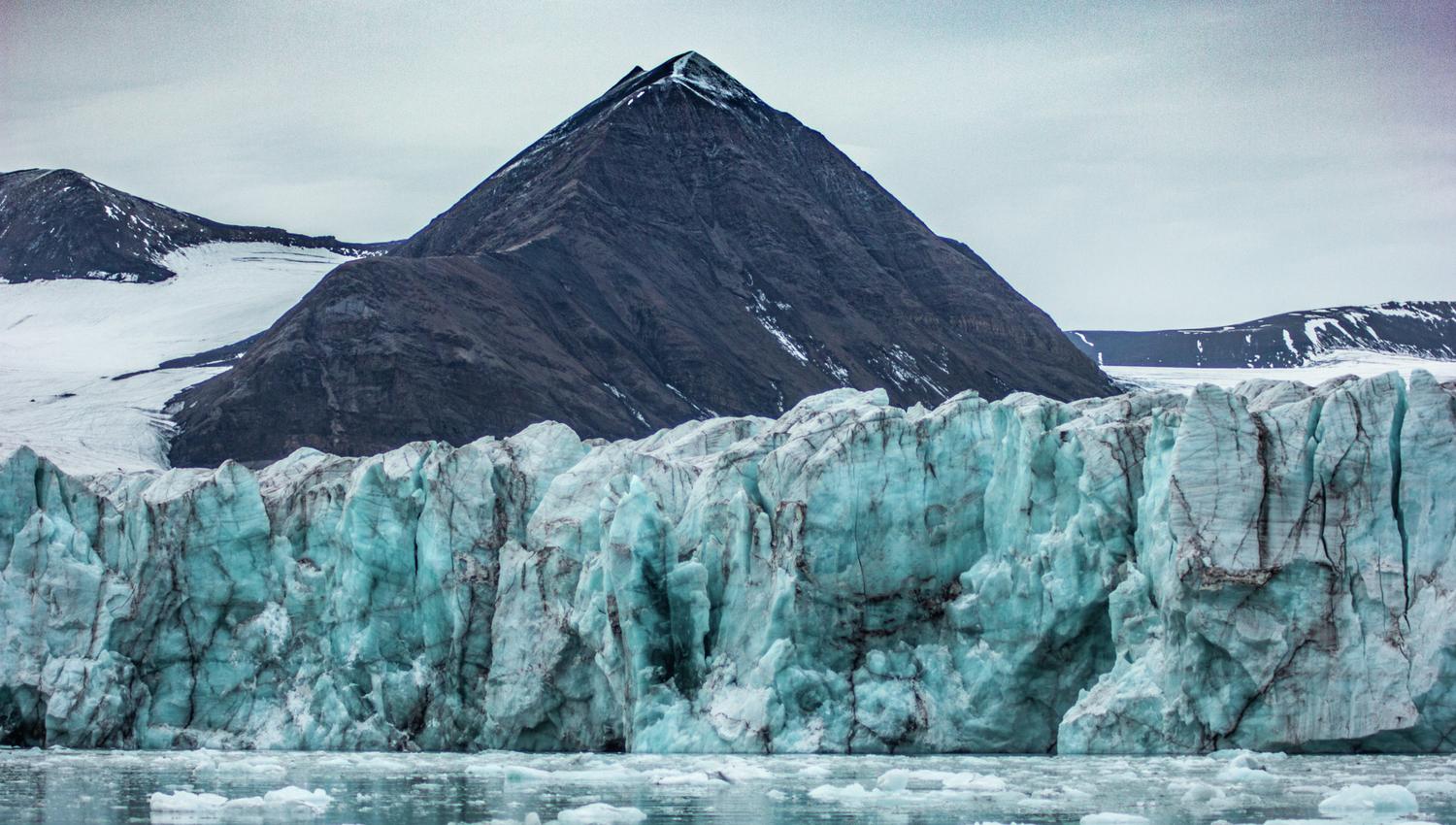 Floating ice in a fjord with glacial walls rising up towards the mountains