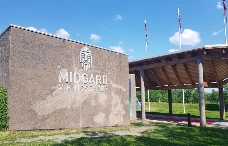 Midgard viking center logo on stone block with entrance