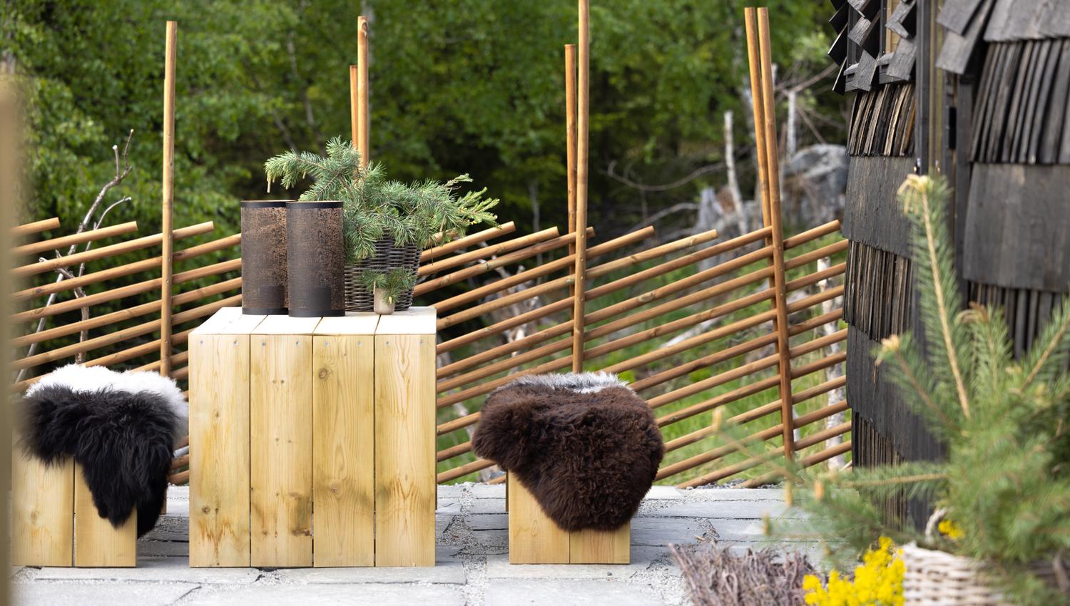 2 krakker med et bord og gjerde i bakgrunn