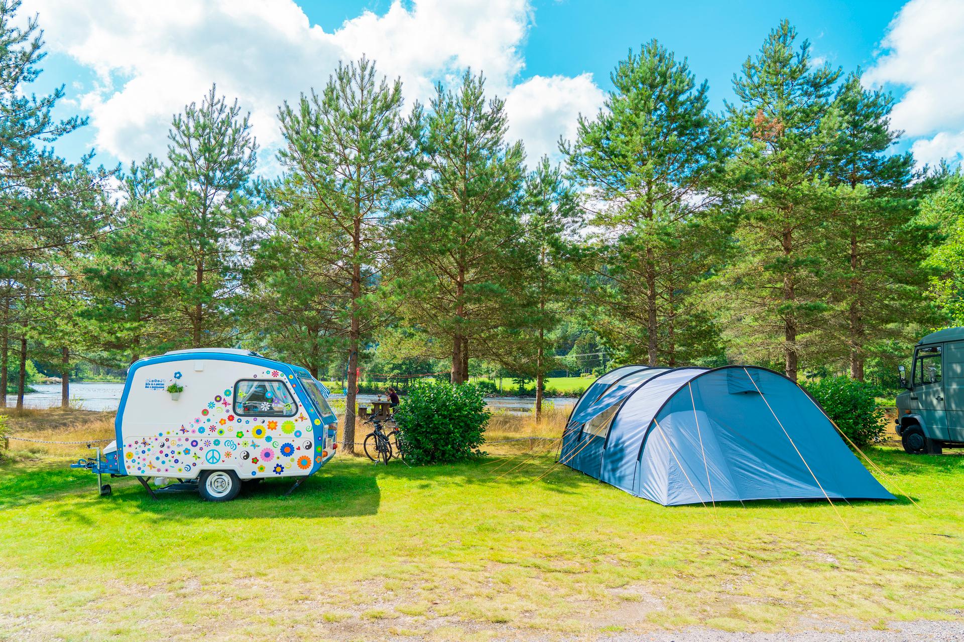 A small, cute floral caravan and a tent