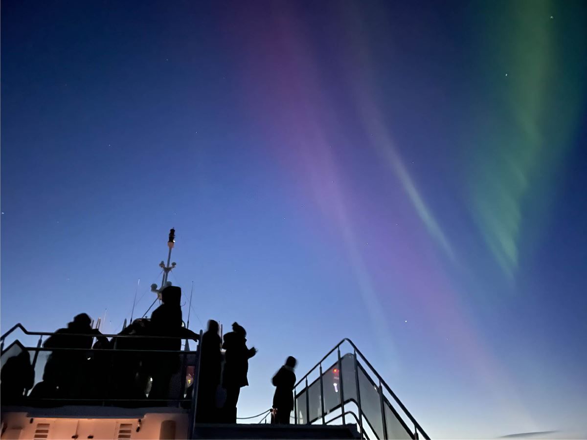 View of the Northern Lights from the top of the deck on the Brim catamaran
