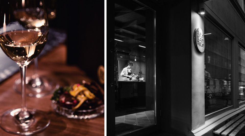 A coloured detail photo of a glass of wine, and a black and white exterior photo of the restaurant.