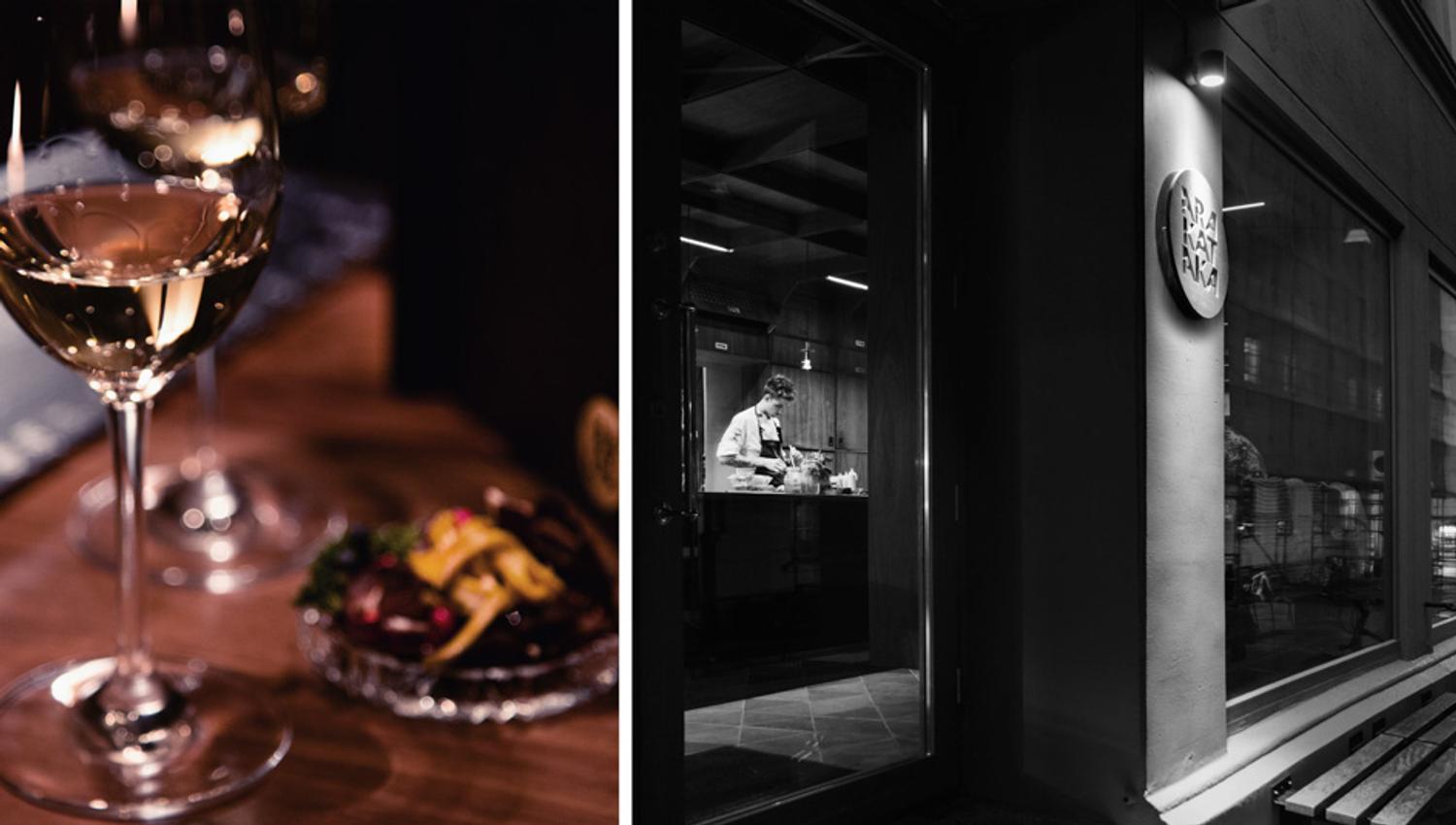 A coloured detail photo of a glass of wine, and a black and white exterior photo of the restaurant.