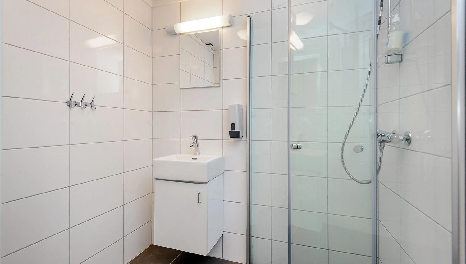 A bathroom with sink and shower.