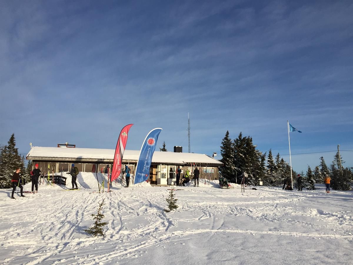 En vinterlig hytte eller fjellstue omgitt av snødekt terreng, med flagg og beachflagg som vaier foran bygningen under klar himmel.