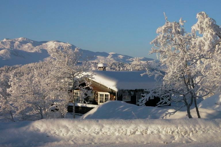 Hytte en vinterdag med snødekte fjell bak.