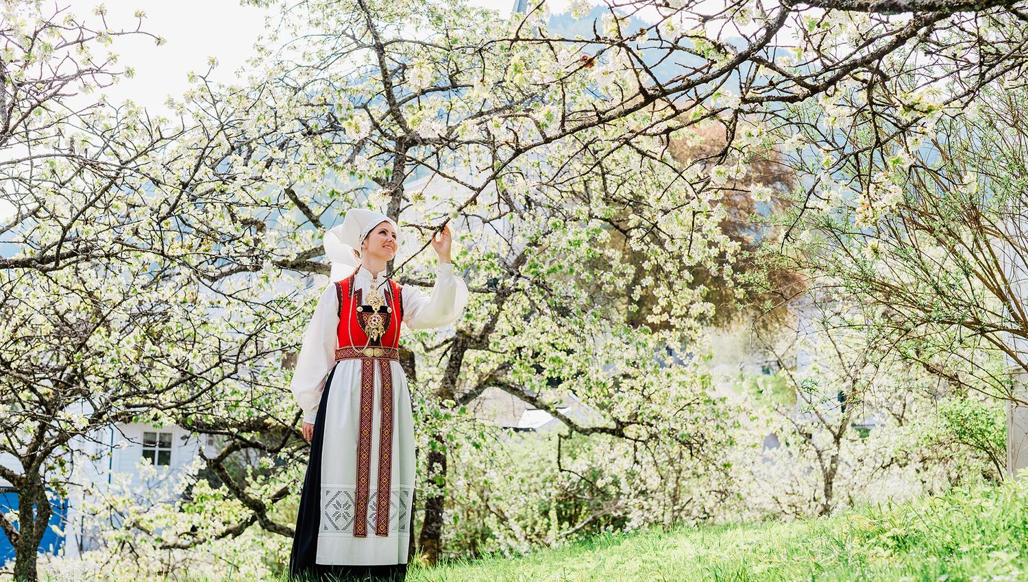 A woman in traditional Norwegian bunad enjoying spring in the idyllic apple orchard at Utne Hotel.