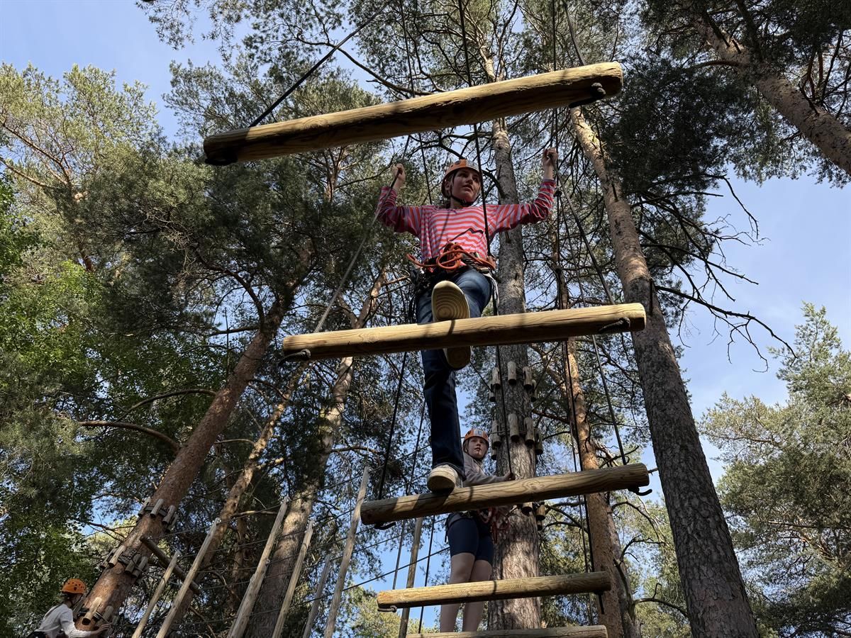 A participant climbing a vertical wooden ladder obstacle.