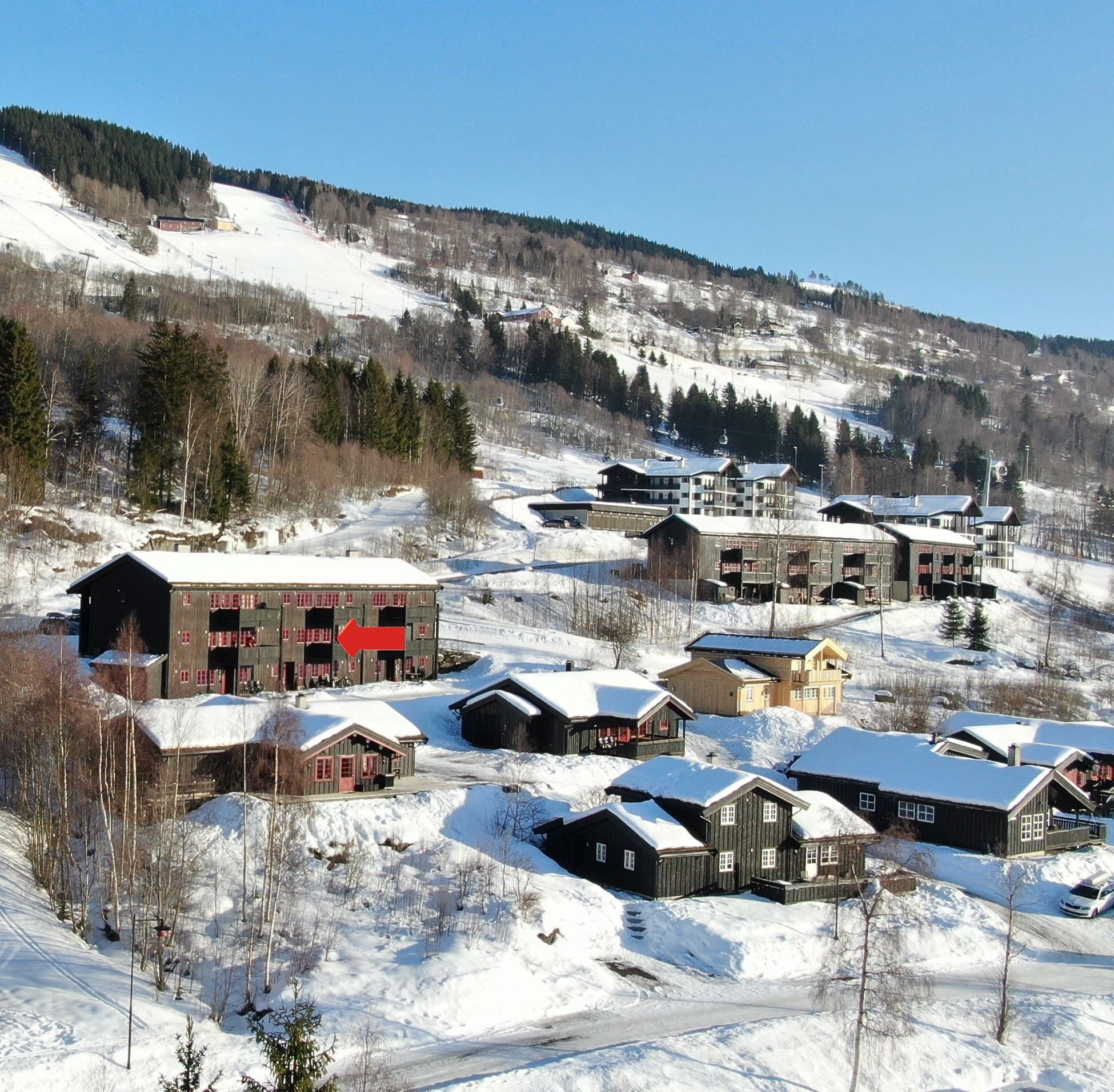A group of houses on a snow-covered hill.