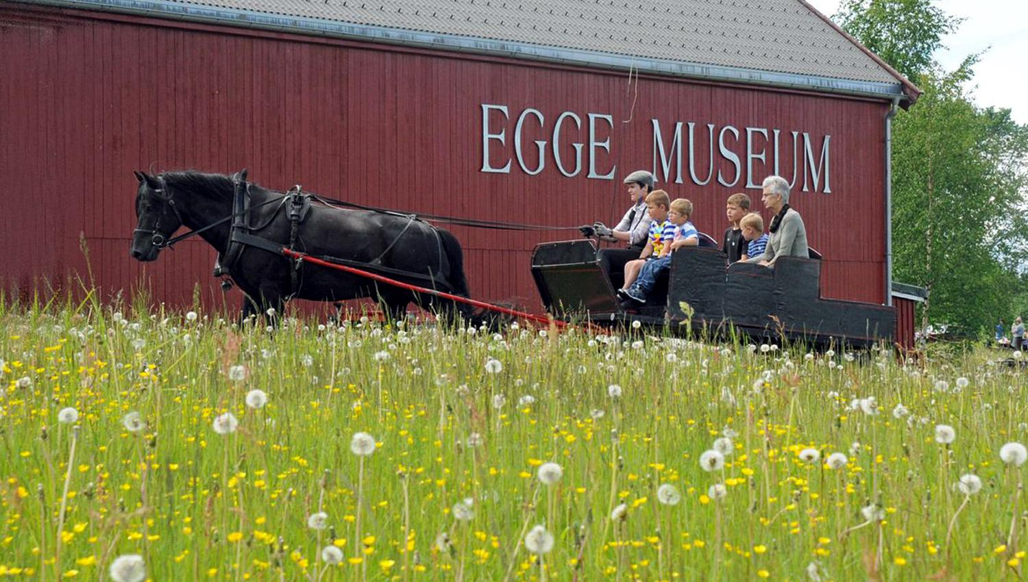 Horse and carriage in front of the exhibition hall at Egge Museum in Steinkjer