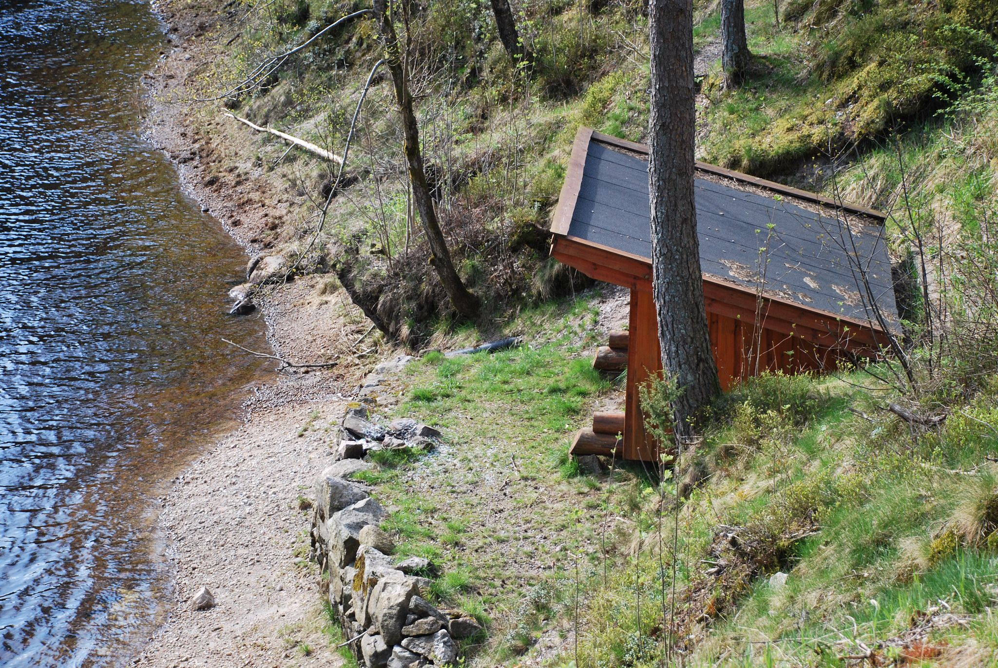 Liten brunoransj gapahuk ved vannet.