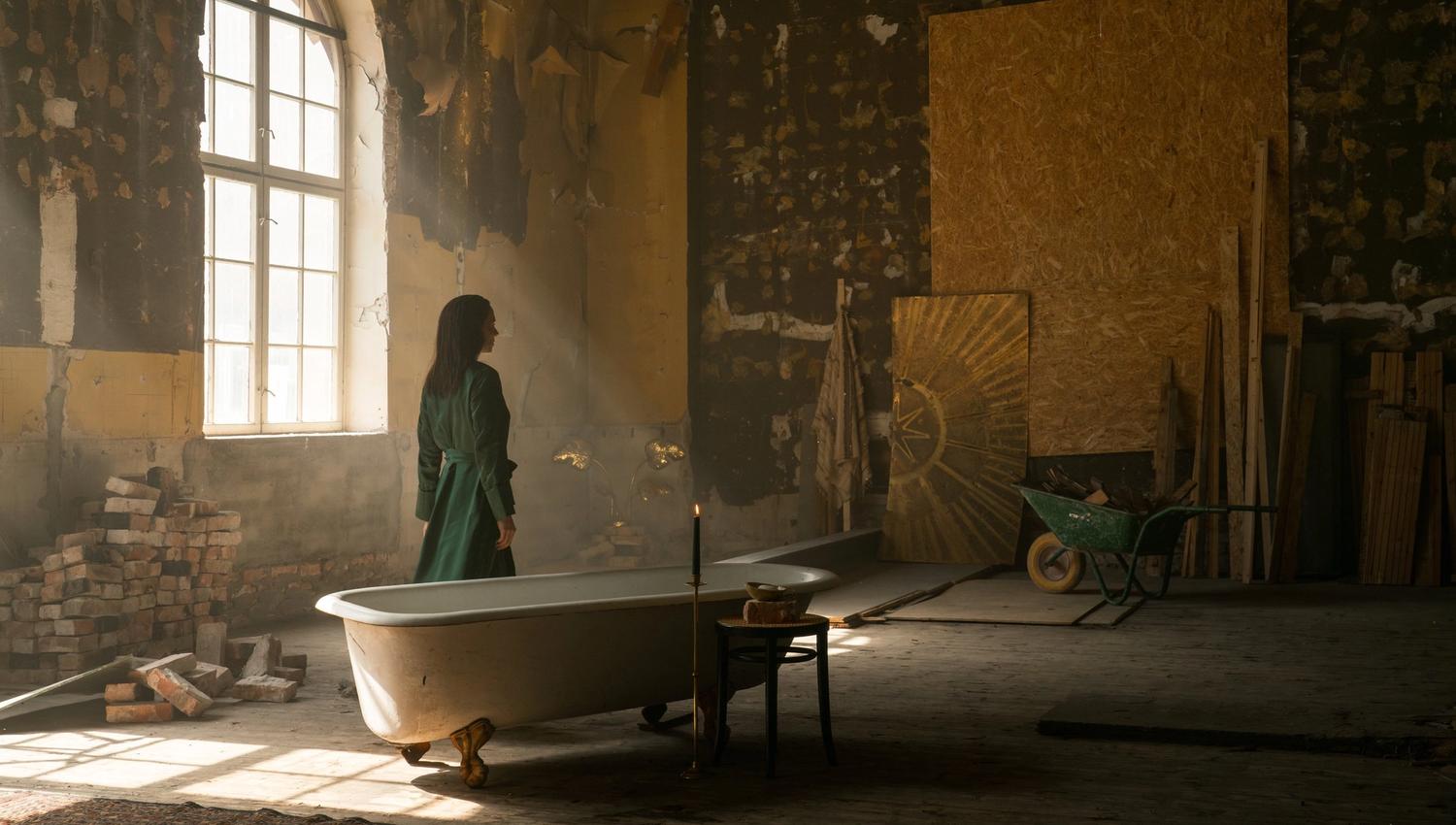Renderbilde av dame som står ved siden av et badekar