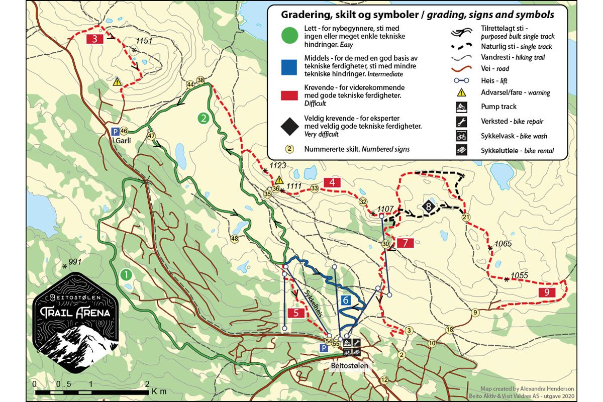 Kart med sykkelstiene i Beitostølen Trail Arena