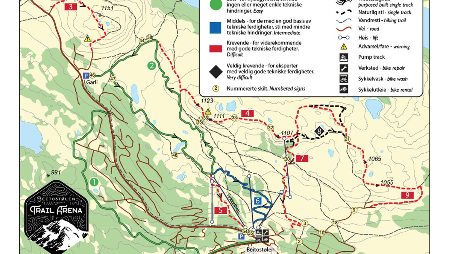 Kart med sykkelstiene i Beitostølen Trail Arena