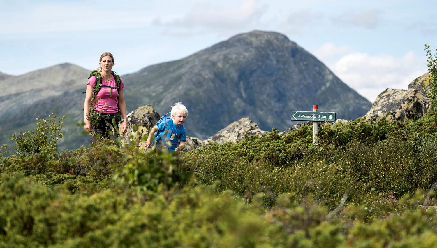 Ung kvinne med gutt på tur langs sti med einebærbusker i forgrunnen. I bakgrunnen ses fjell.