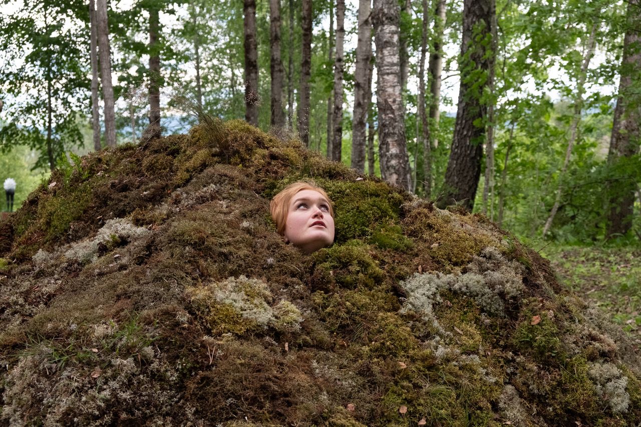 en dame titter frem fra et hull i skogen kunstner Kjersti Austdal : «Tumulus»
