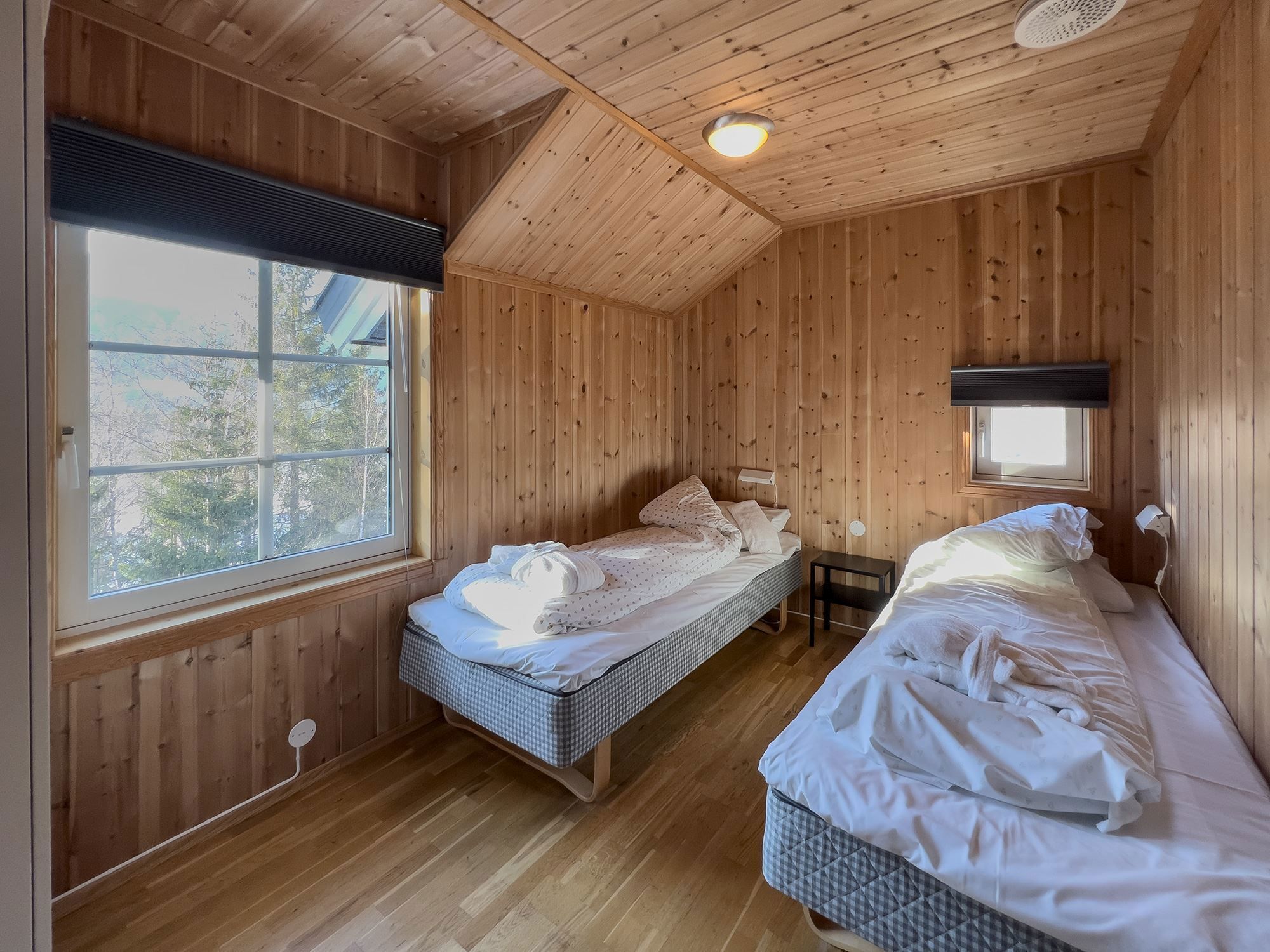 A room with two beds and a window.