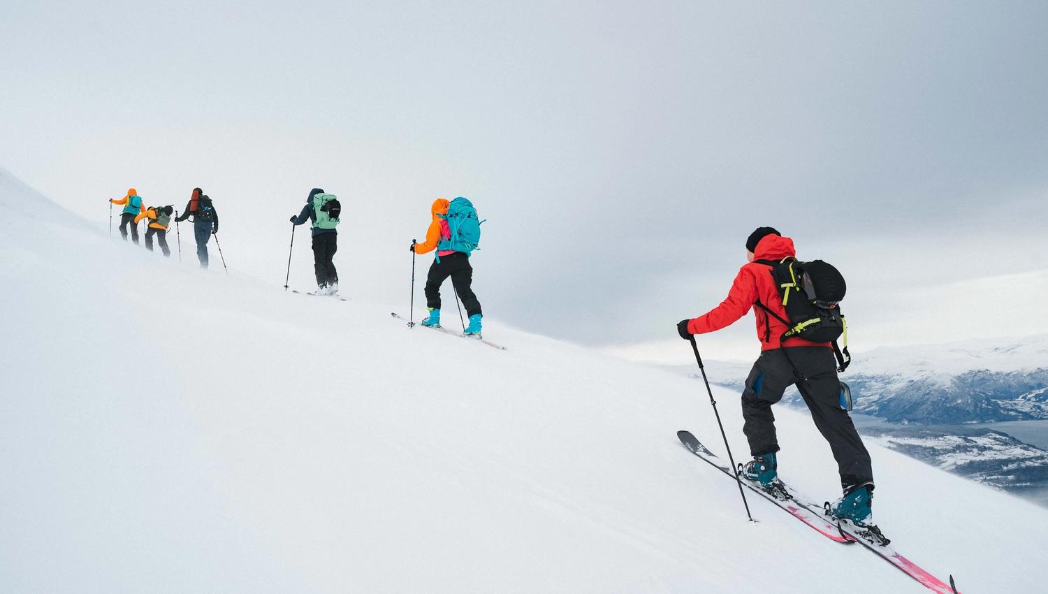 Seks personer som går på randonee/topptur.