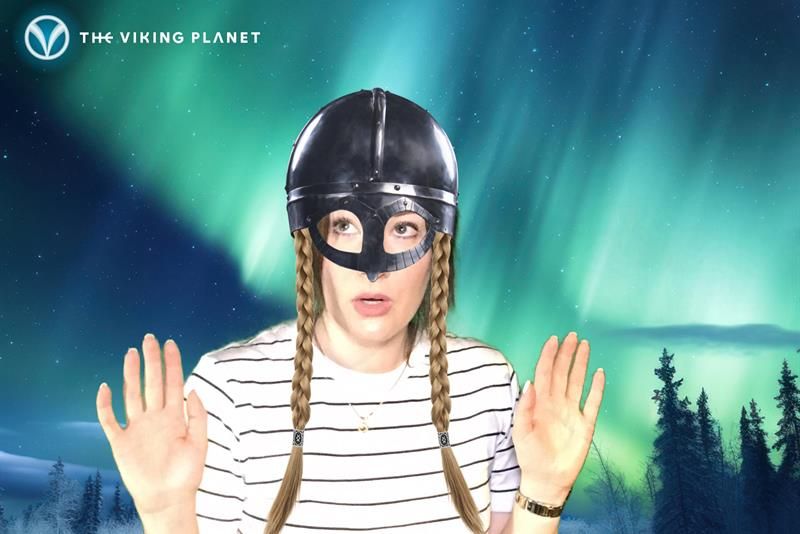 Lady wearing a viking helmet