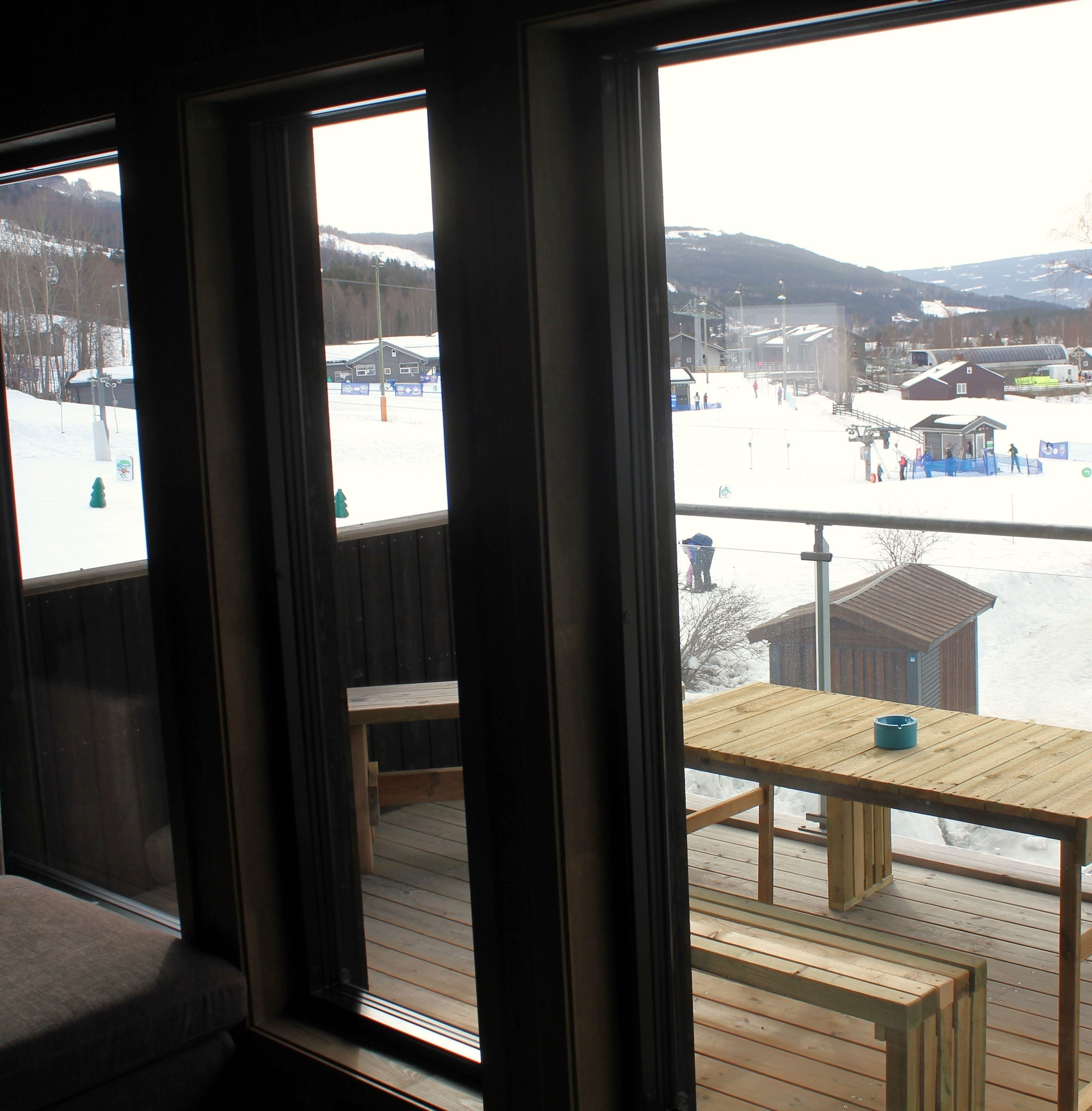 View of a snow-covered mountain from a window.