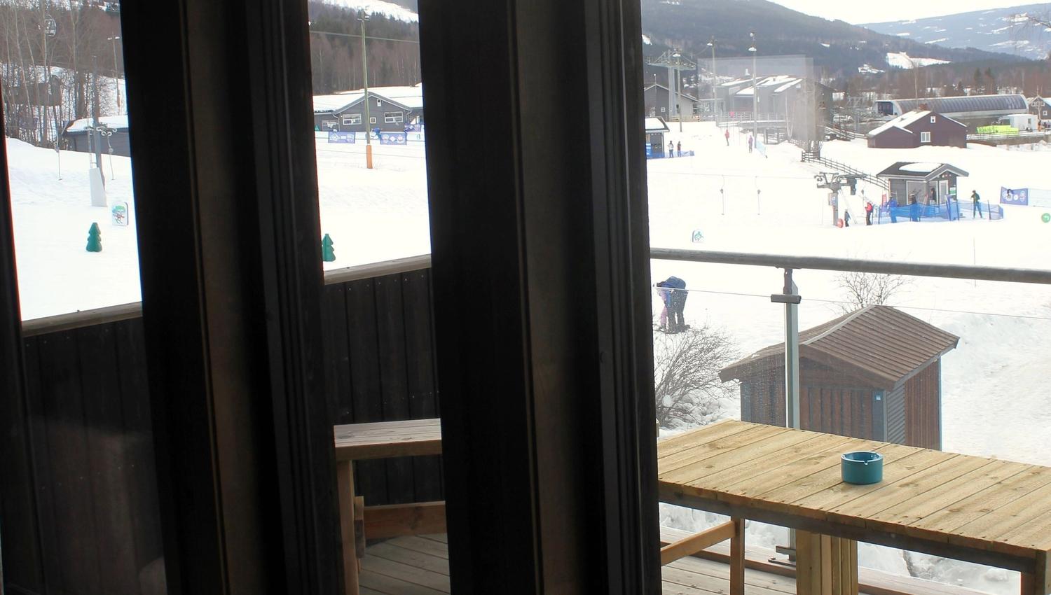 View of a snow-covered mountain from a window.