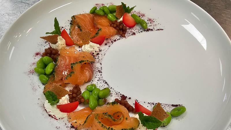 appetizer with salmon served at Brasserie Madame Blom at Thon Hotel Høyers