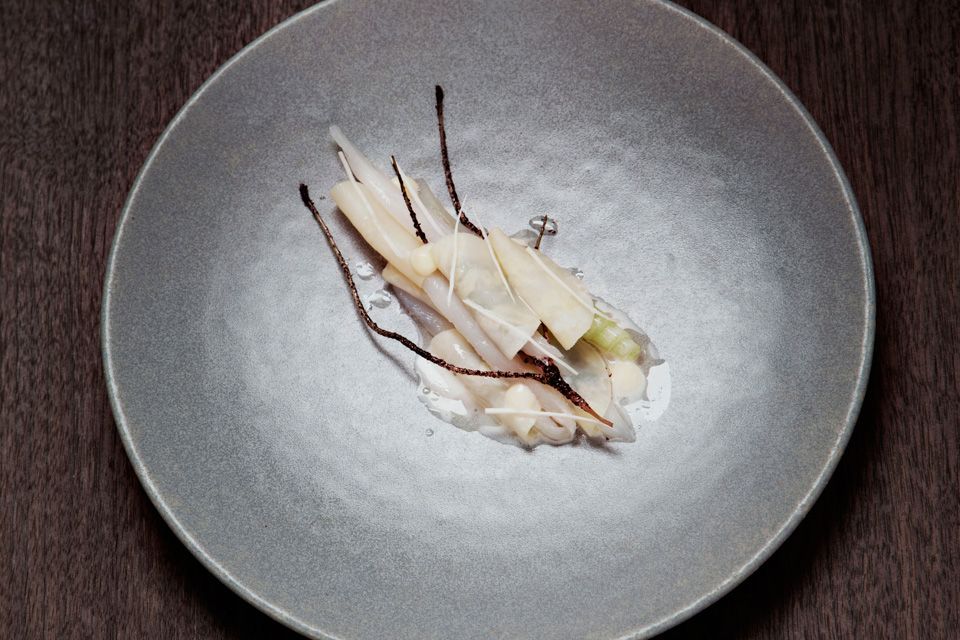 Detail photo of a dish on a grey plate.