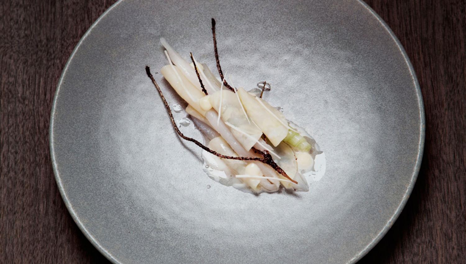 Detail photo of a dish on a grey plate.