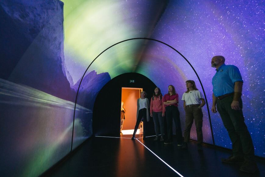 Fem personer i tunnel med nordlysprojeksjoner og stjernehimmel.