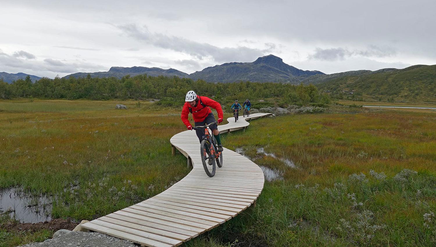 Syklister på bærekraftig bygget terrainsykkelsti med kloppelement over et myr. Fjell i bakgrunnen.