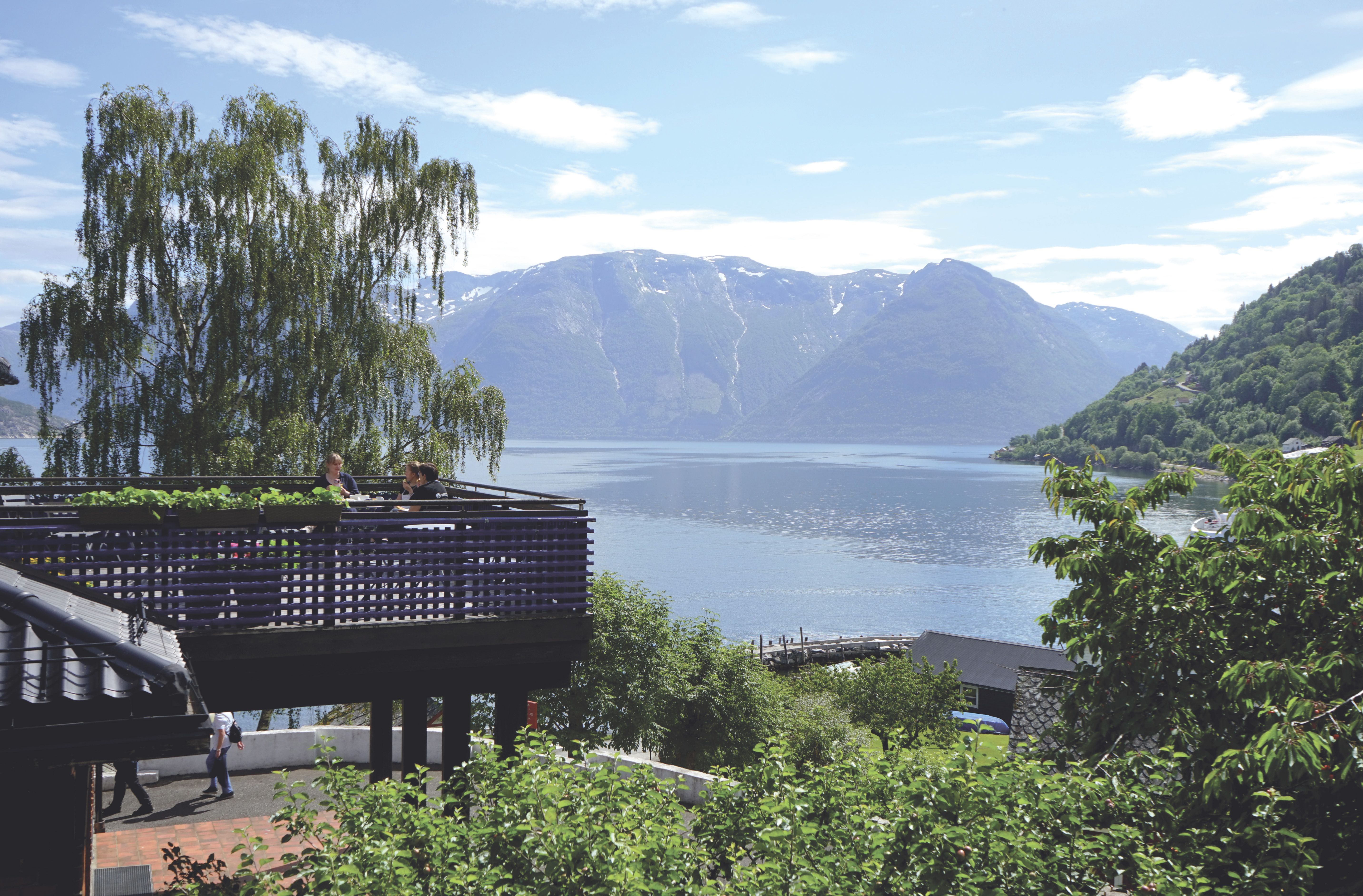 Utsikt ut over fjord og fjell. I forgrunnen er det grønne trær og en altan hvor det sitter tre mennesker.