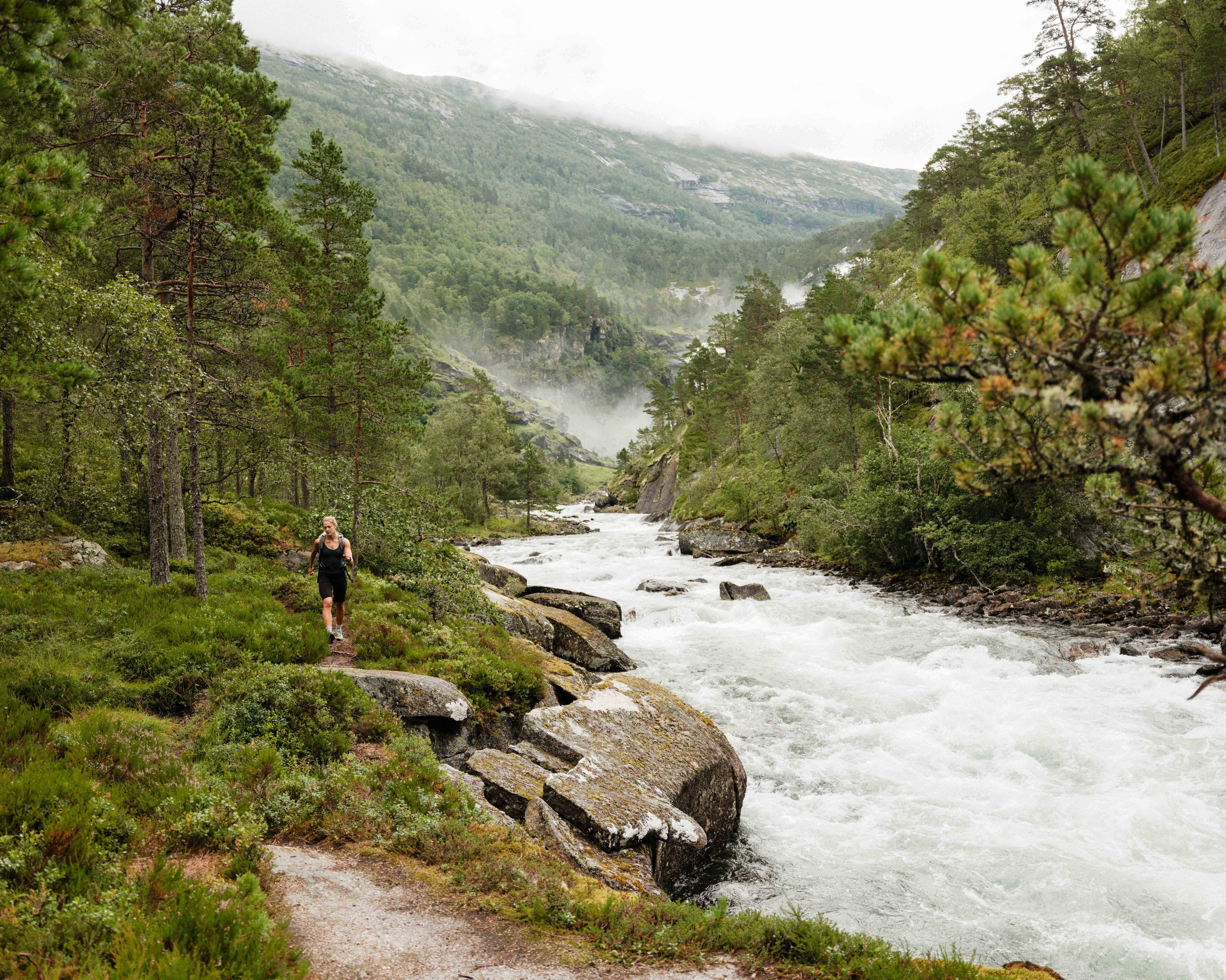 Vandre langs elva i Husedalen, omkransa av frodig skog og fossedusj i det fjerne.