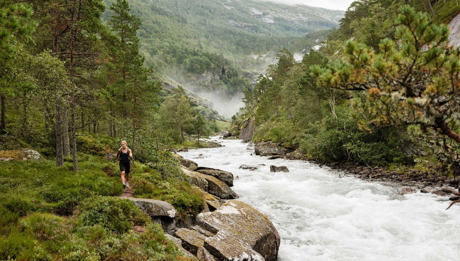 Vandre langs elva i Husedalen, omkransa av frodig skog og fossedusj i det fjerne.