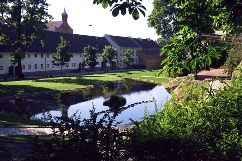 Sommerbilde av en dam med en gressplen, trær og hus rundt