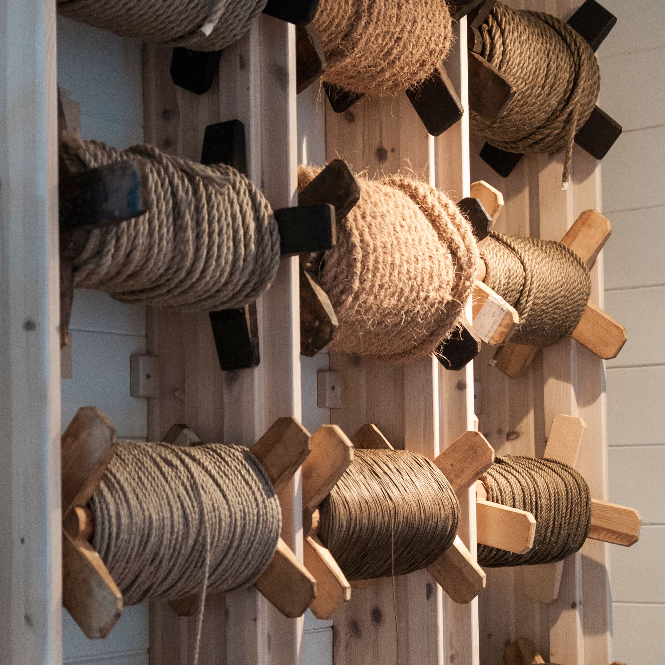 Spools of different types of ropes for craftwork at Hardanger Maritime Center.