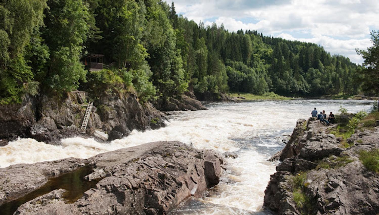 Foss, fjell og grønn skog