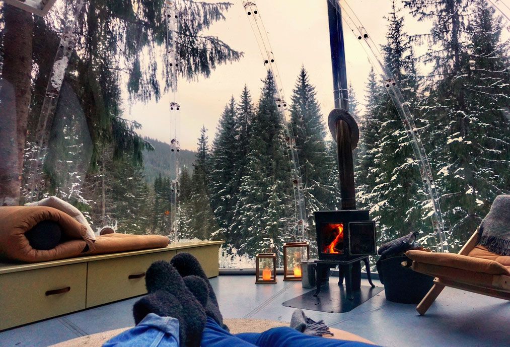 view from a treehouse igloo in winter