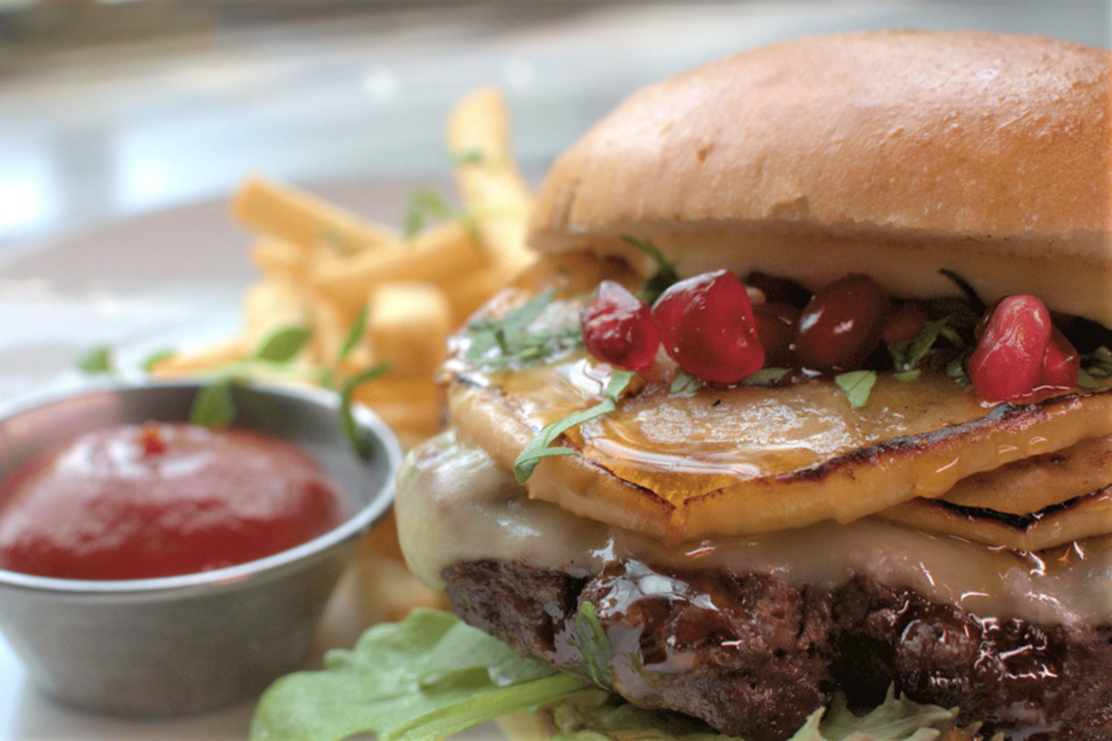 Detail of burger and fries.