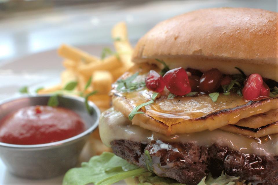 Detail of burger and fries.
