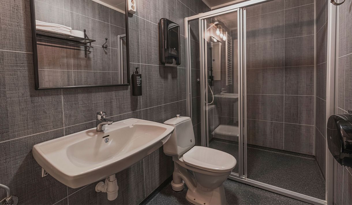 A bathroom with a sink, toilet, shower and mirror at Coal Miners' Cabins