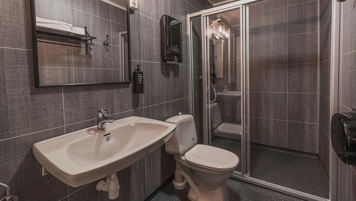 A bathroom with a sink, toilet, shower and mirror at Coal Miners' Cabins