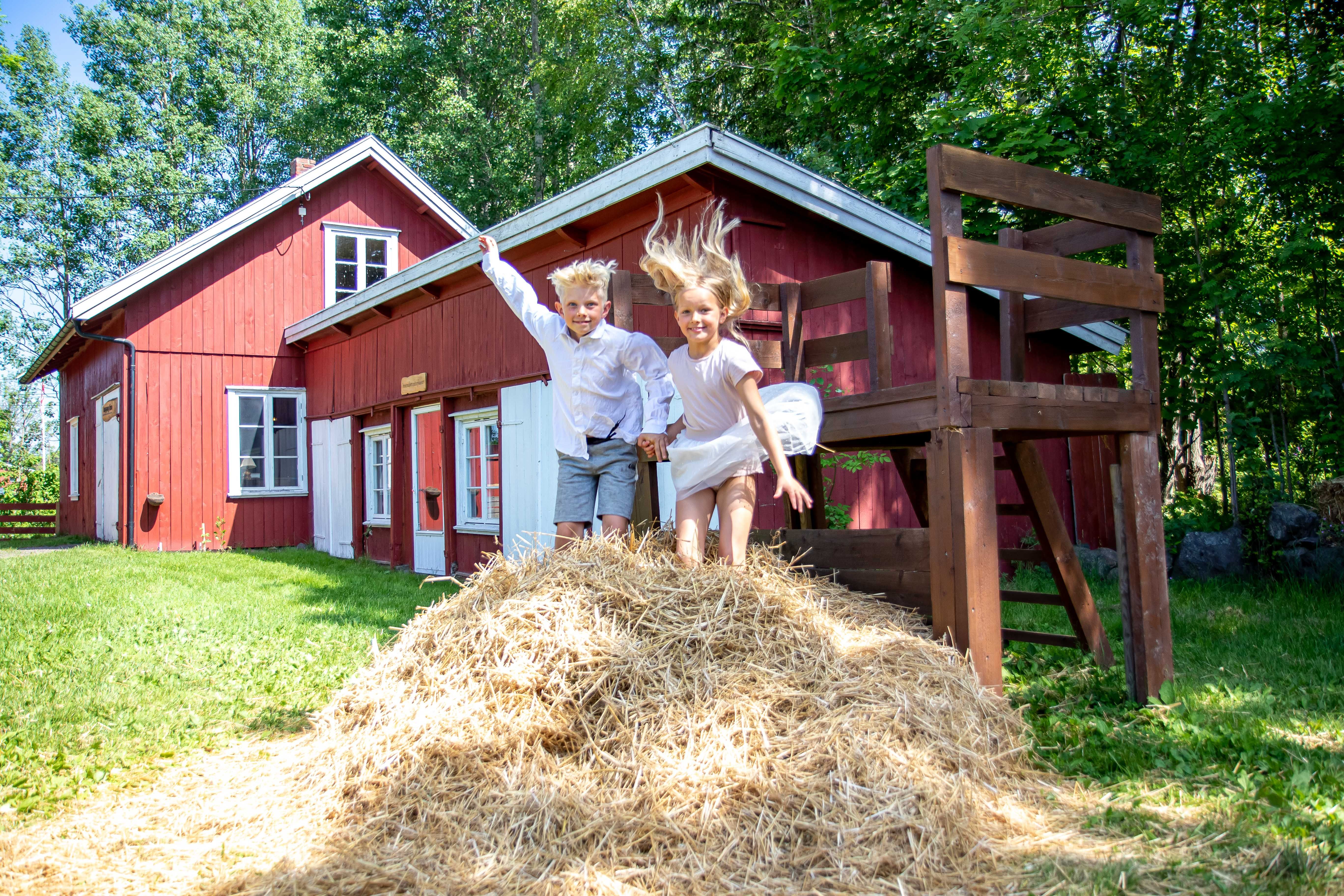 Children jump in the hay