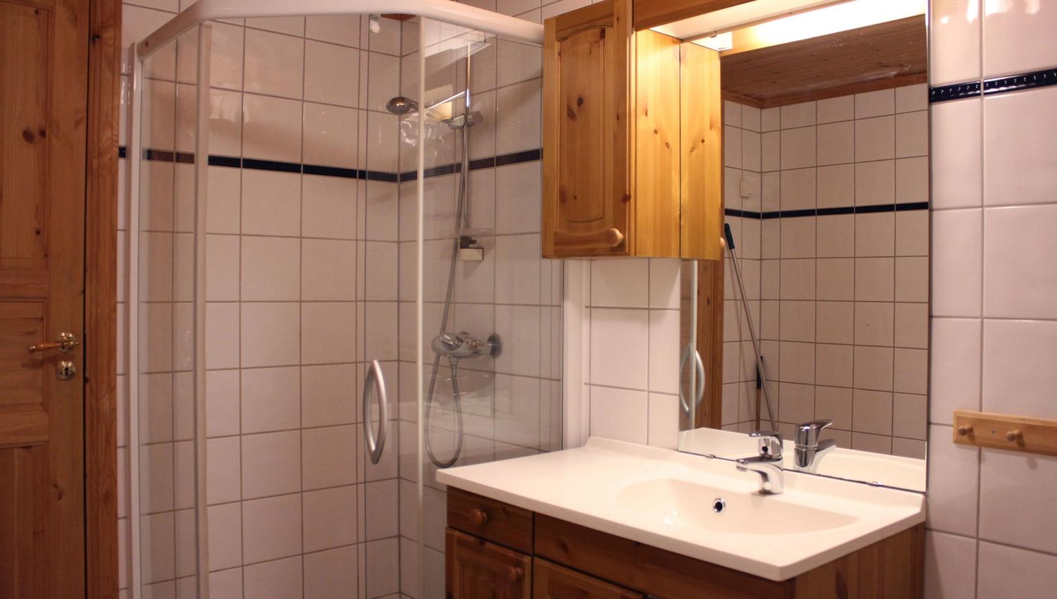 A bathroom with shower and sink.