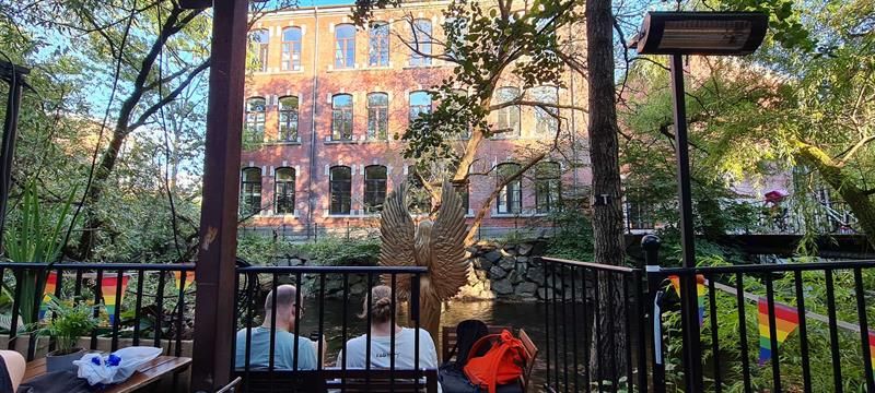 Outdoor seating by the river