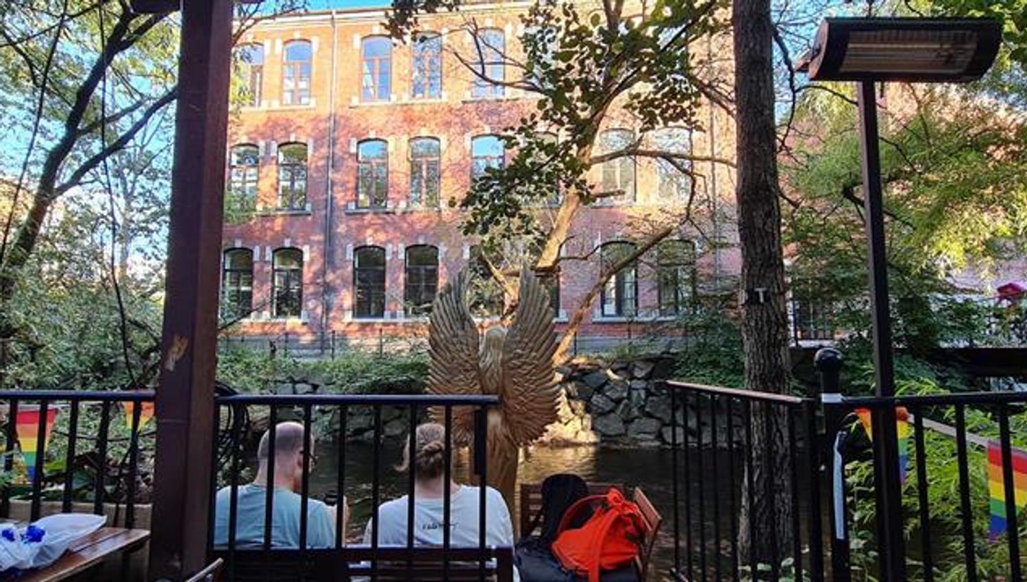 Outdoor seating by the river