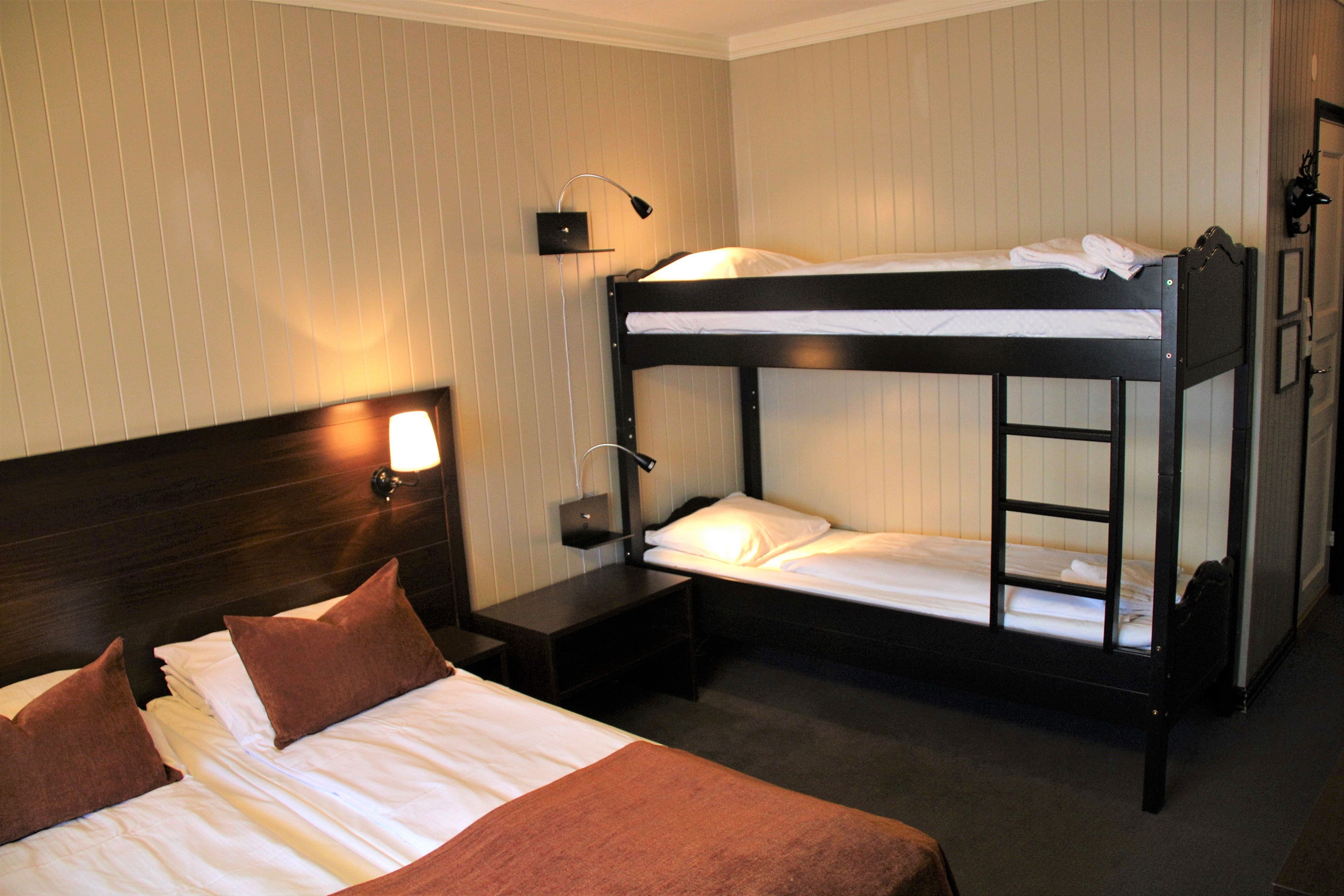 A bunk bed with ladder and double bed