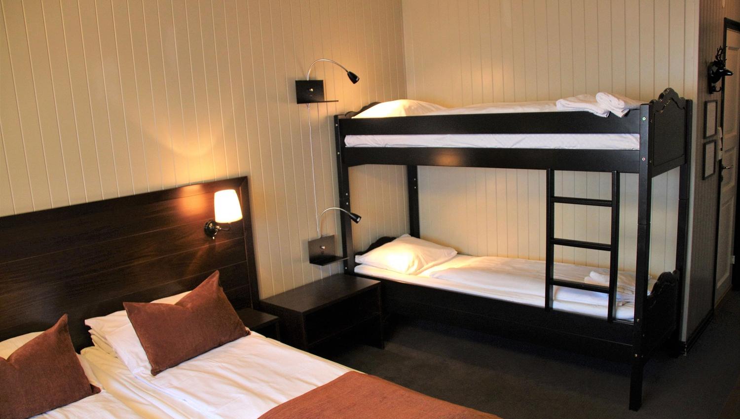 A bunk bed with ladder and double bed