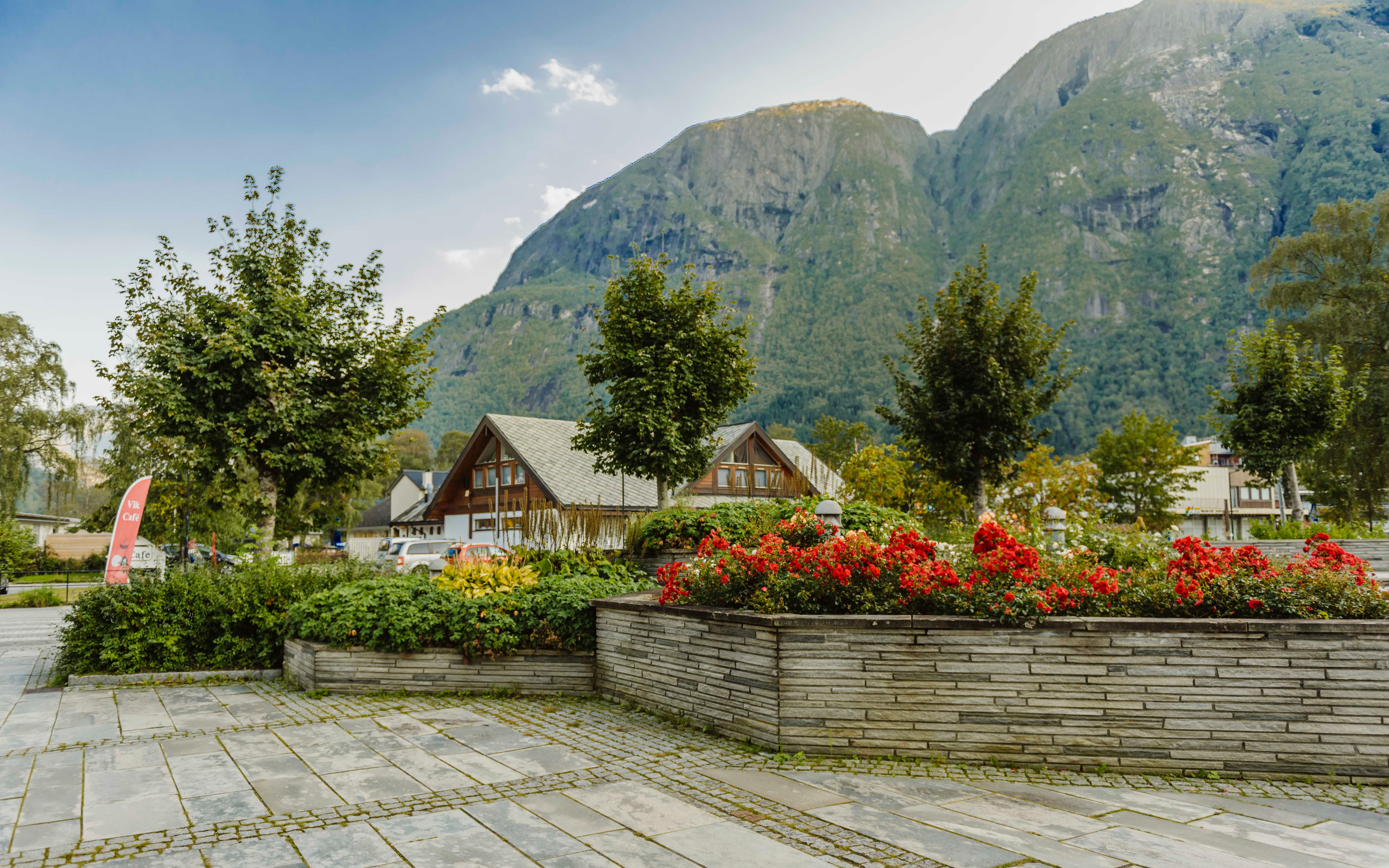 The flower beds at the park, with a building and mountains in the background.
